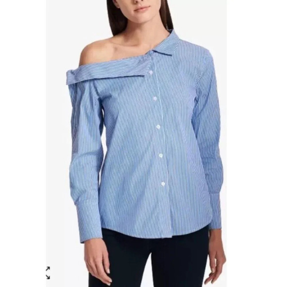 Dkny Tops - DKNY Womens Small Poplin Asymmetrical One Shoulder Button Shirt Stripes